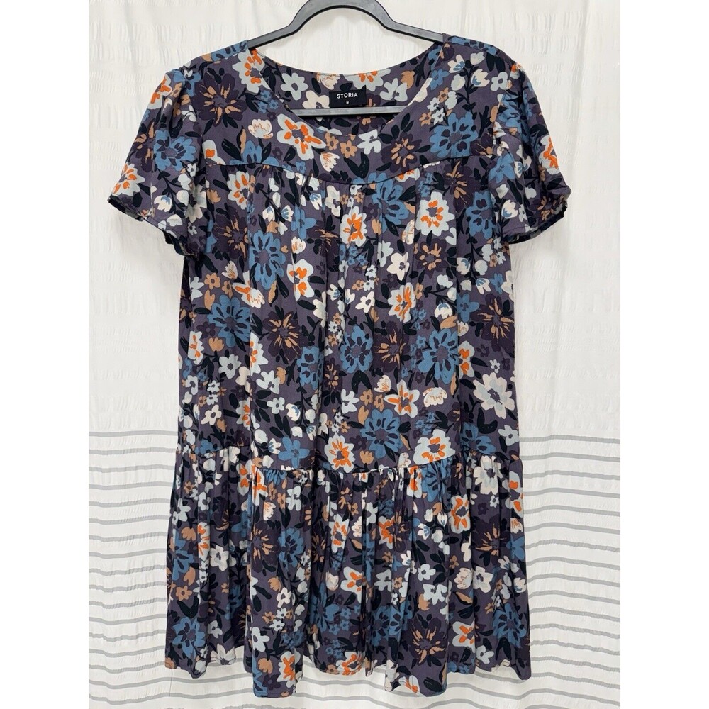 Storia Boho Tiered Ruffle Mini Dress Rayon Medium Floral Color Print Cottagecore